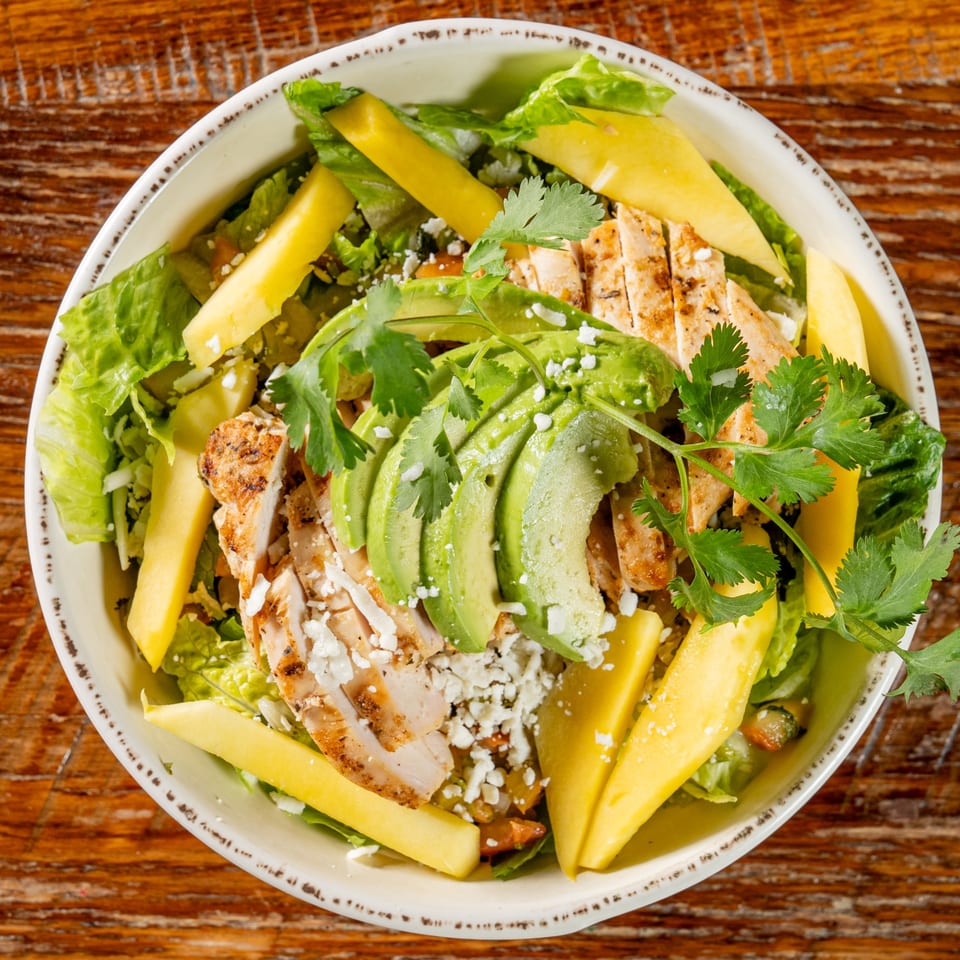 El Camino's grilled chicken salad with avocado, mango, cilantro, and crumbled cheese.